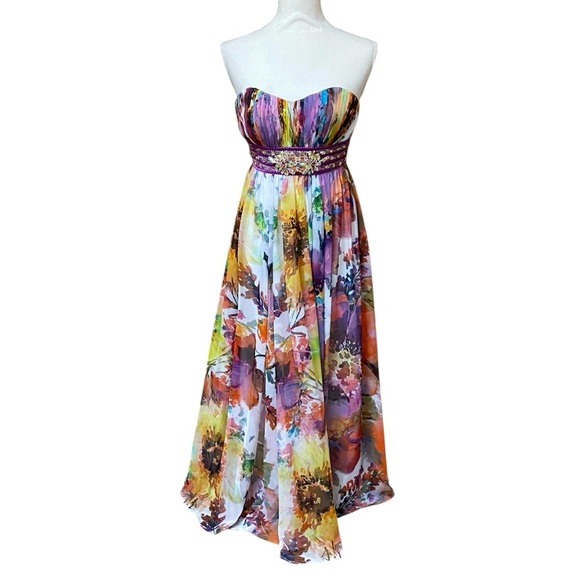 Tony Bowls Le Gala Beaded Strapless Prom Gown Bright Floral Maxi Dress Size 2 - Picture 1 of 17